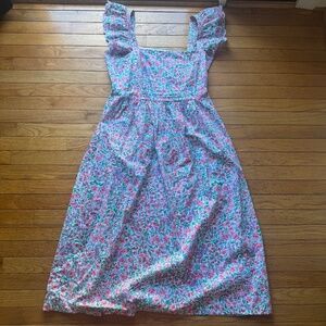 J.Crew Floral Print Scalloped Strap Midi Dress Size 14 Pink Green Cotton Summer